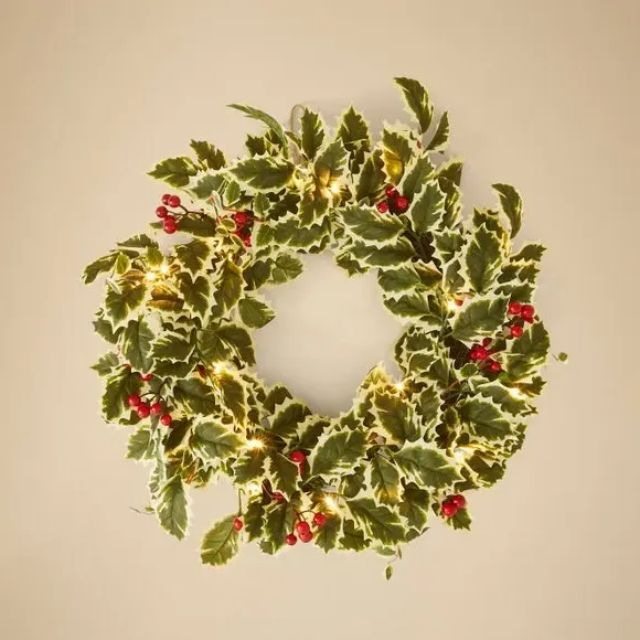 Pre-Lit Holly Wreath with LEDs - Green, Artificial