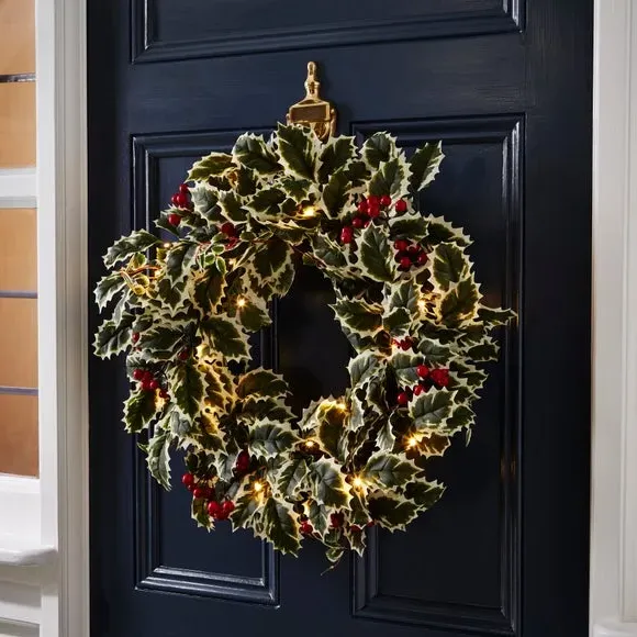Pre-Lit Holly Wreath with LEDs - Green, Artificial image
