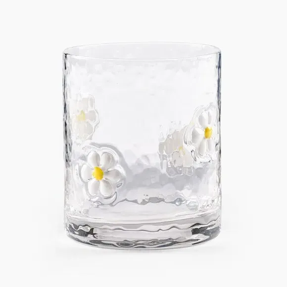 Pressed Glass Tumbler with Daisy Design - White