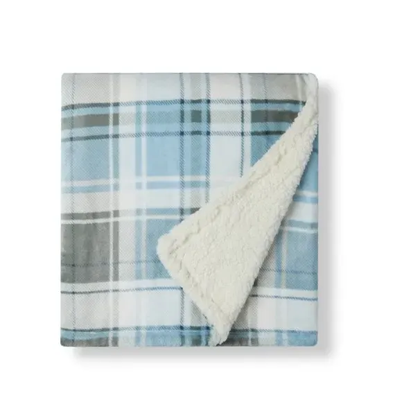 Printed Check Sherpa Throw - Duck Egg, Sherpa