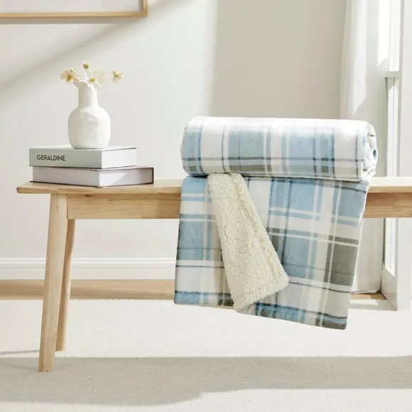 Printed Check Sherpa Throw - Duck Egg, Sherpa image