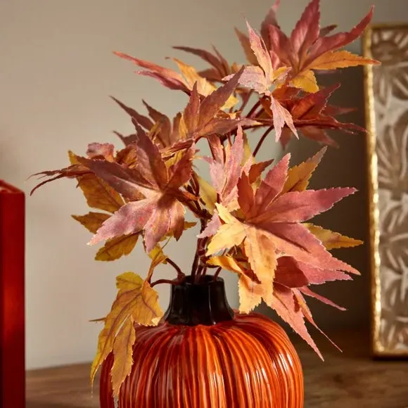 Pumpkin Plant Pot with Leaves - Orange, Ceramic