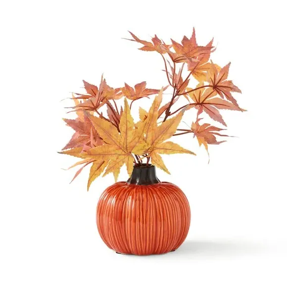 Pumpkin Plant Pot with Leaves - Orange, Ceramic