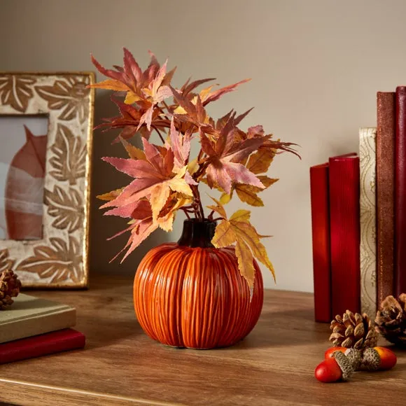 Pumpkin Plant Pot with Leaves - Orange, Ceramic image