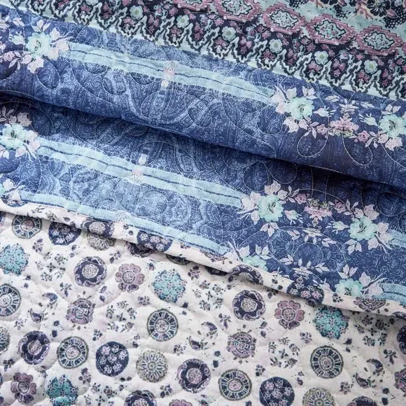 Quilted Bedspread Aztec Design - Blue, Cotton