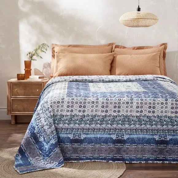 Quilted Bedspread Aztec Design - Blue, Cotton