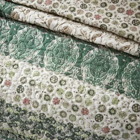 Quilted Bedspread Aztec Design - Green, Cotton