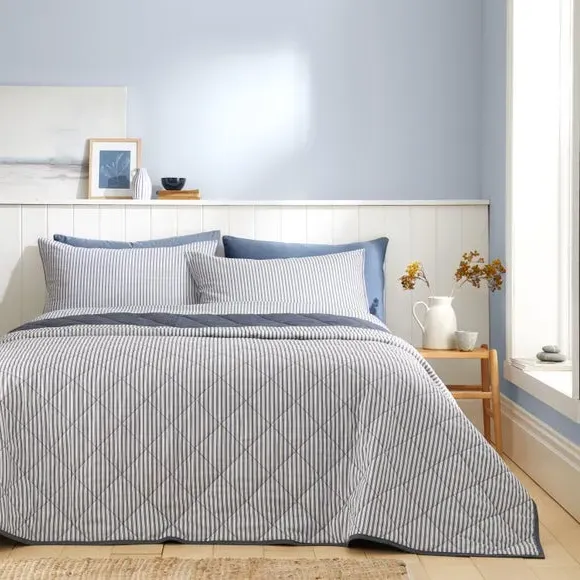 Quilted Bedspread with Stripes - Blue, Cotton image