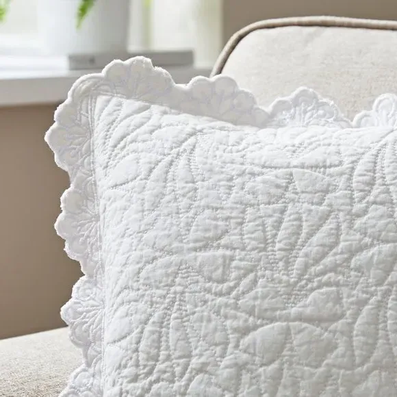Quilted Cushion Cover with Embroidery - White, Cotton