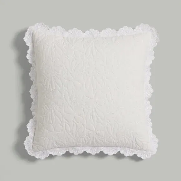 Quilted Cushion Cover with Embroidery - White, Cotton