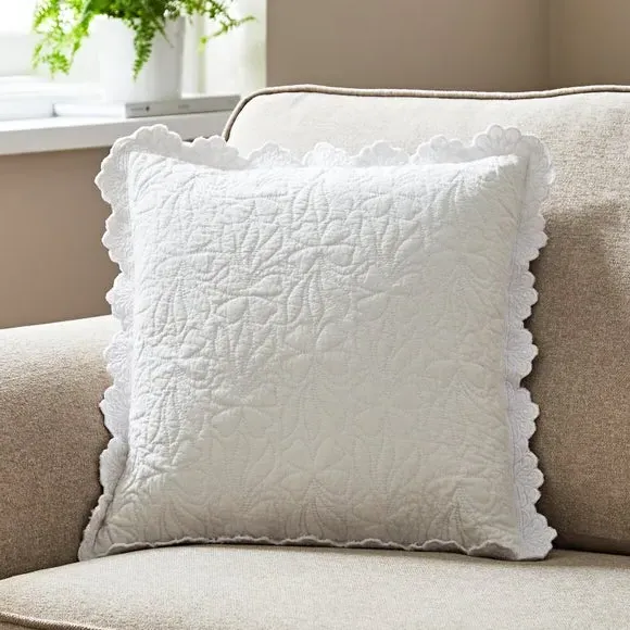 Quilted Cushion Cover with Embroidery - White, Cotton image