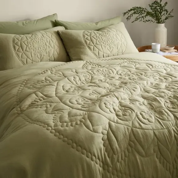 Quilted Duvet Cover Set - Olive, Microfibre