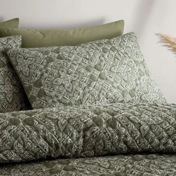 Quilted Duvet Cover Set - Olive, Polyester