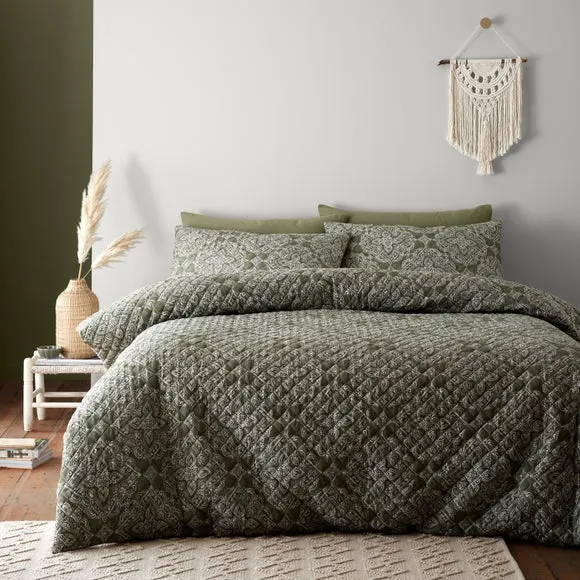 Quilted Duvet Cover Set - Olive, Polyester