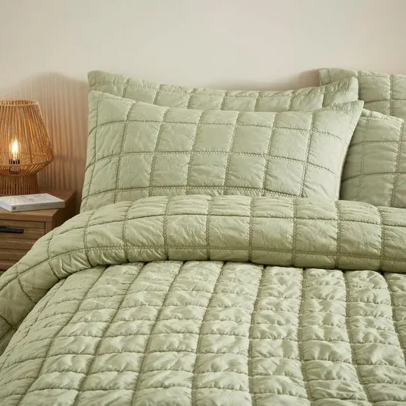 Quilted Duvet Cover Set - Soft Olive, Cotton