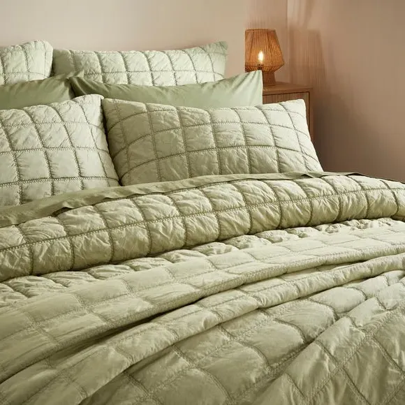 Quilted Duvet Cover Set - Soft Olive, Cotton