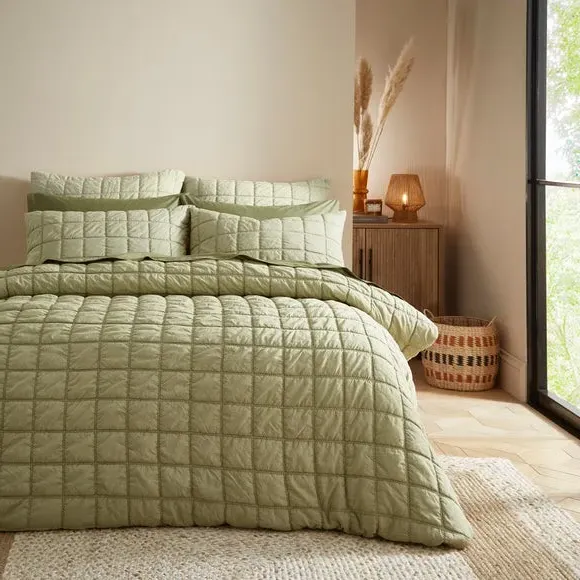 Quilted Duvet Cover Set - Soft Olive, Cotton