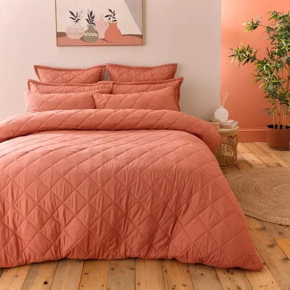 Quilted Duvet Cover Set - Terracotta, Microfibre