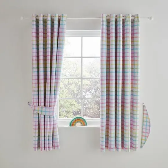 Rainbow Check Blackout Eyelet Curtains - Pink, Cotton image