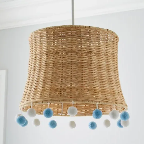 Rattan Pendant Shade with Pom Poms - Blue