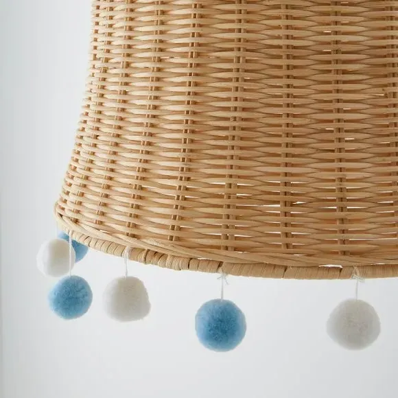Rattan Pendant Shade with Pom Poms - Blue