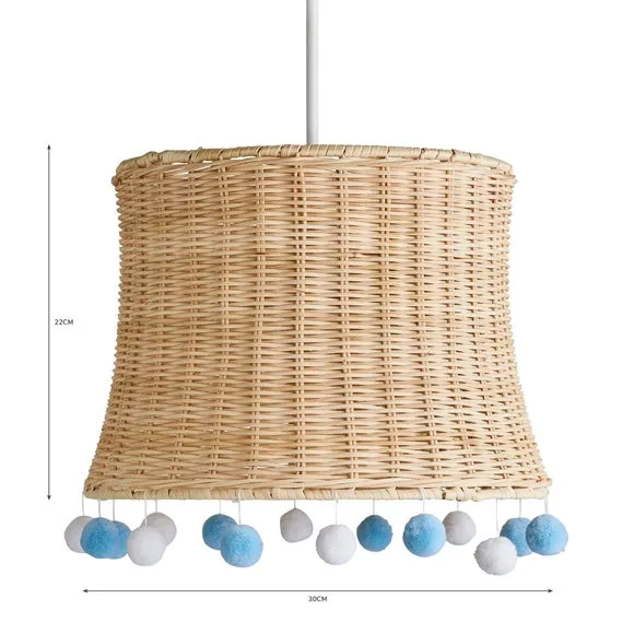 Rattan Pendant Shade with Pom Poms - Blue