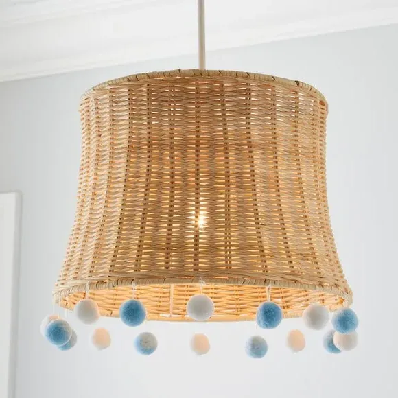 Rattan Pendant Shade with Pom Poms - Blue image