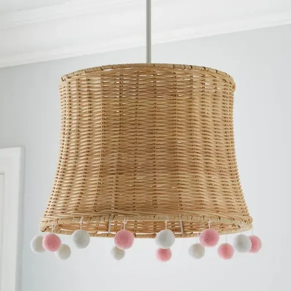 Rattan Pendant Shade with Pom Poms - Pink