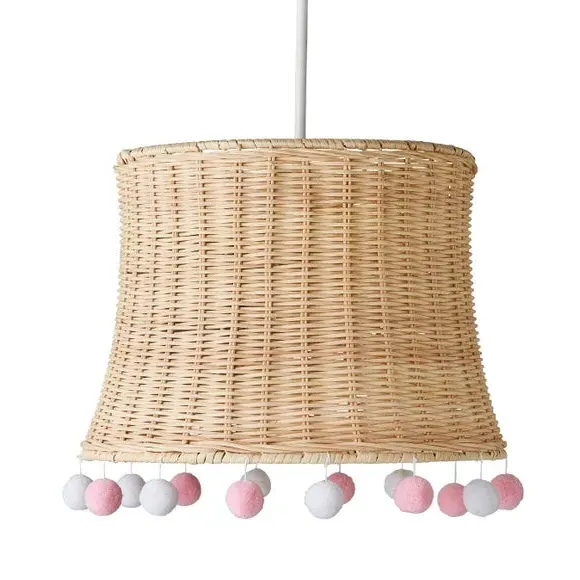 Rattan Pendant Shade with Pom Poms - Pink
