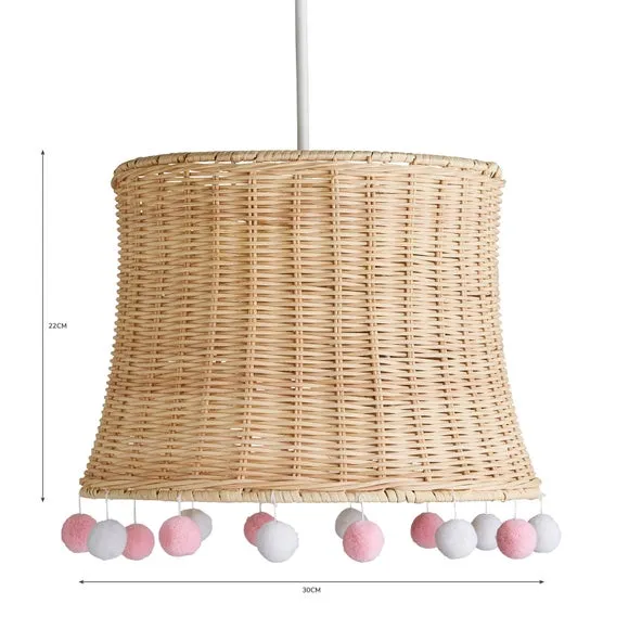 Rattan Pendant Shade with Pom Poms - Pink