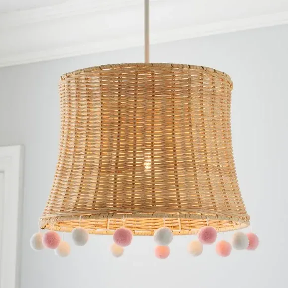 Rattan Pendant Shade with Pom Poms - Pink