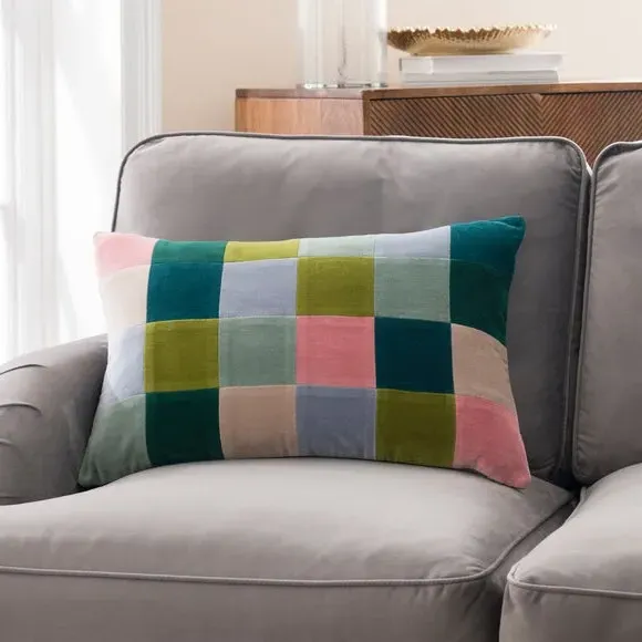 Rectangle Cushion Patchwork Design - Teal, Velvet