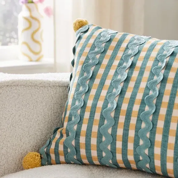Rectangle Cushion with Pom Poms - Multicolor, Cotton