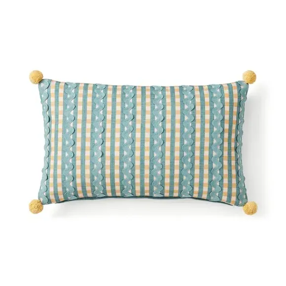 Rectangle Cushion with Pom Poms - Multicolor, Cotton