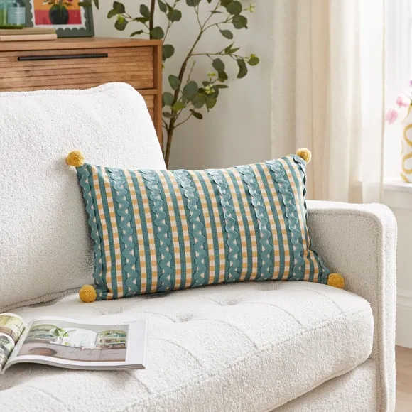 Rectangle Cushion with Pom Poms - Multicolor, Cotton image