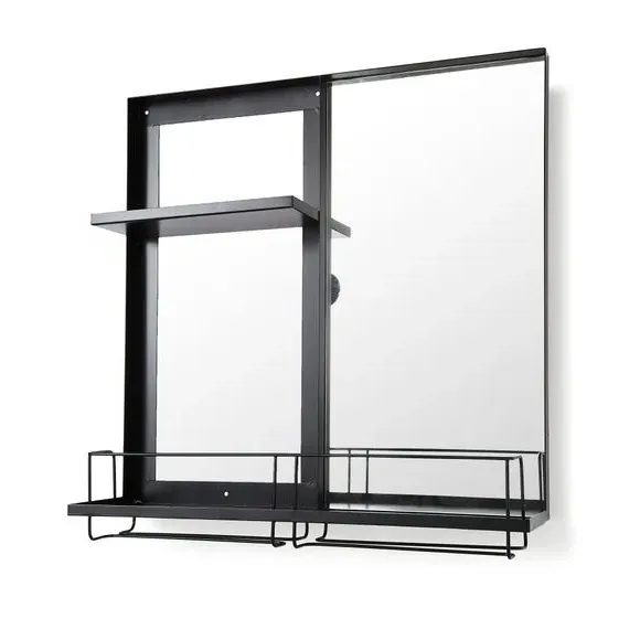 Rectangle Wall Mirror with Bar Shelves - Black