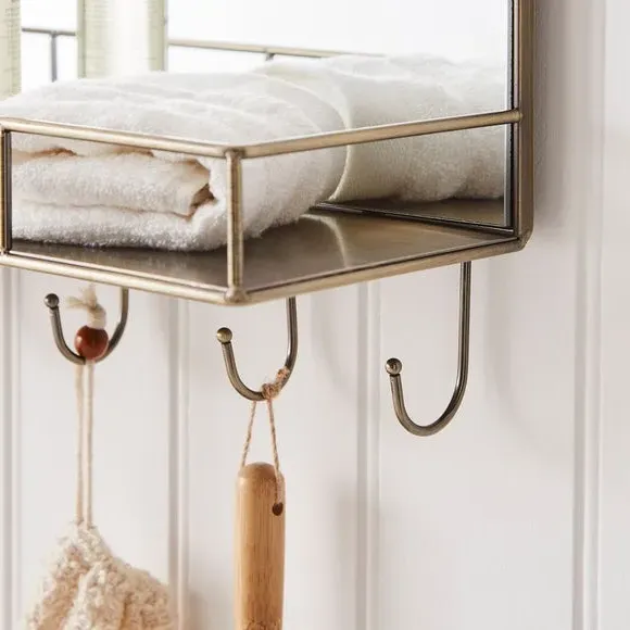 Rectangle Wall Mirror with Hooks - Antique Brass