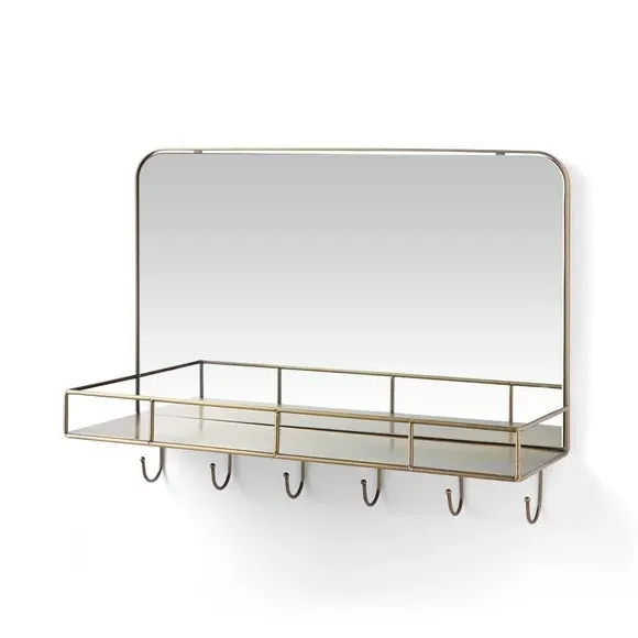 Rectangle Wall Mirror with Hooks - Antique Brass