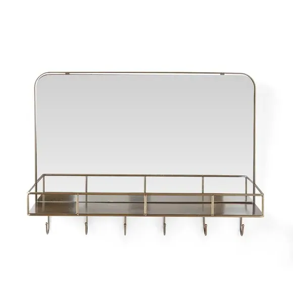 Rectangle Wall Mirror with Hooks - Antique Brass