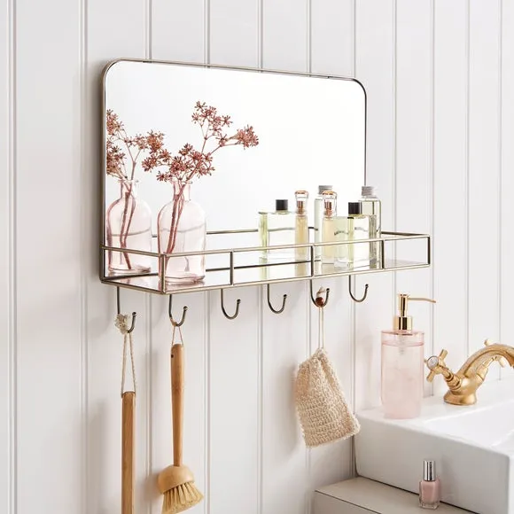 Rectangle Wall Mirror with Hooks - Antique Brass image