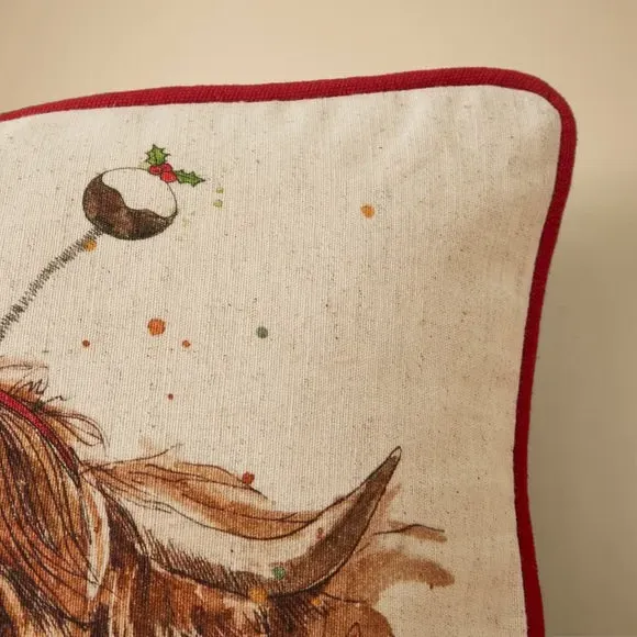 Rectangular Cushion Christmas Highland Cow - Natural