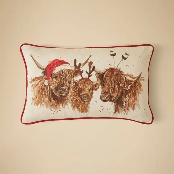 Rectangular Cushion Christmas Highland Cow - Natural
