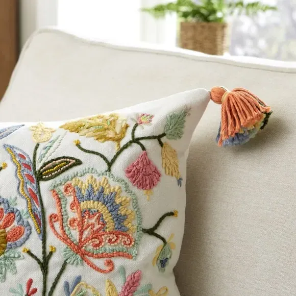 Rectangular Cushion with Embroidery - White, Cotton