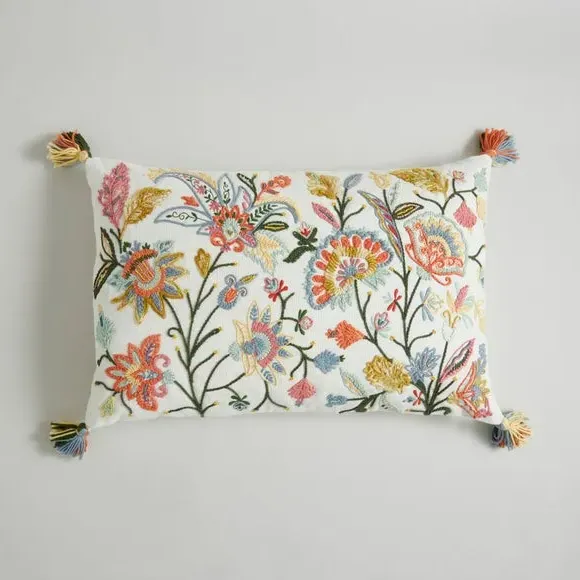 Rectangular Cushion with Embroidery - White, Cotton