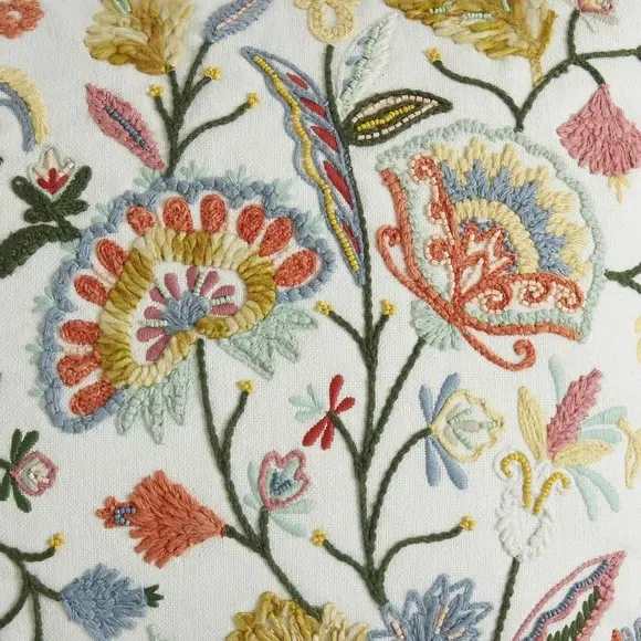 Rectangular Cushion with Embroidery - White, Cotton