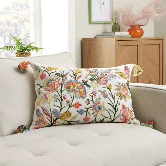 Rectangular Cushion with Embroidery - White, Cotton image