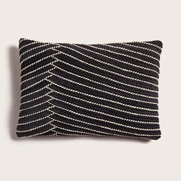 Rectangular Cushion with Rope Design - Black, Velvet