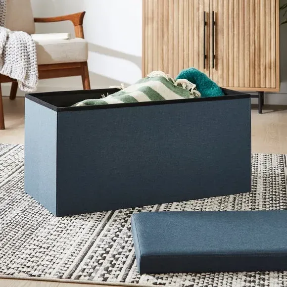 Rectangular Storage Ottoman - Blue, Faux Linen