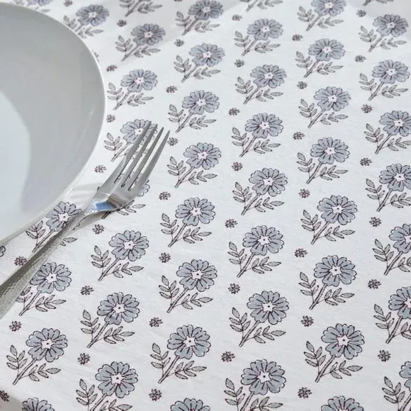 Rectangular Tablecloth Floral Print - Blue, Cotton