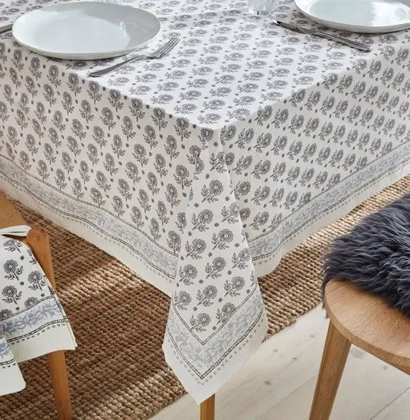 Rectangular Tablecloth Floral Print - Blue, Cotton